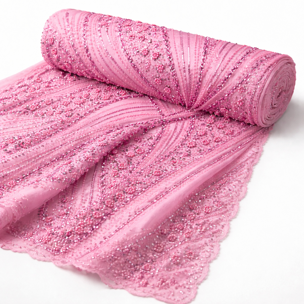 Luxury Pink Beaded Tulle Lace Fabric