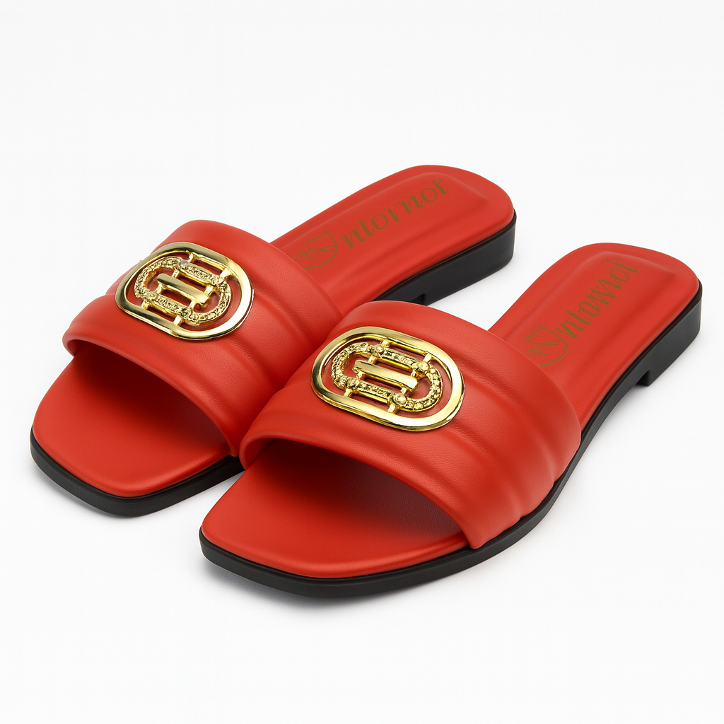 Red Quilted Slide Sandals with Gold Emblem