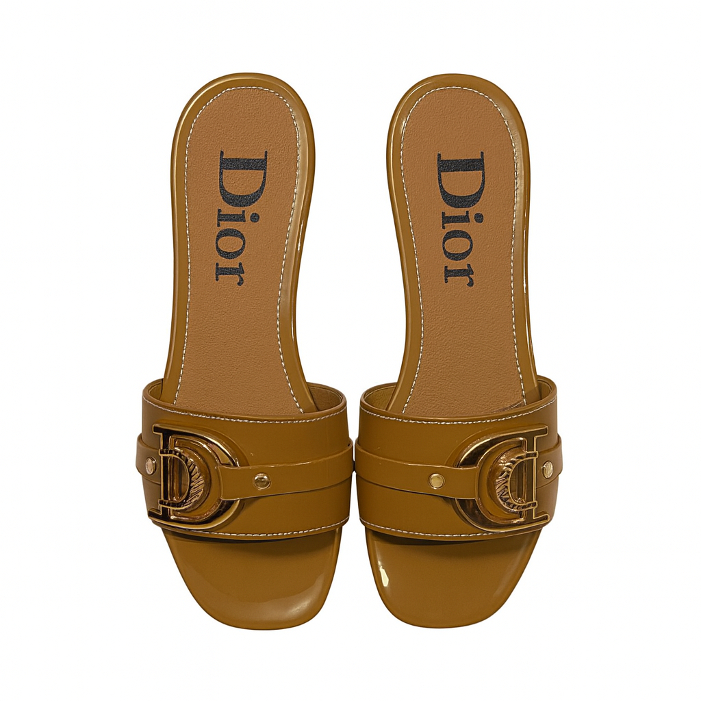 Glossy Brown Designer Slide Sandals