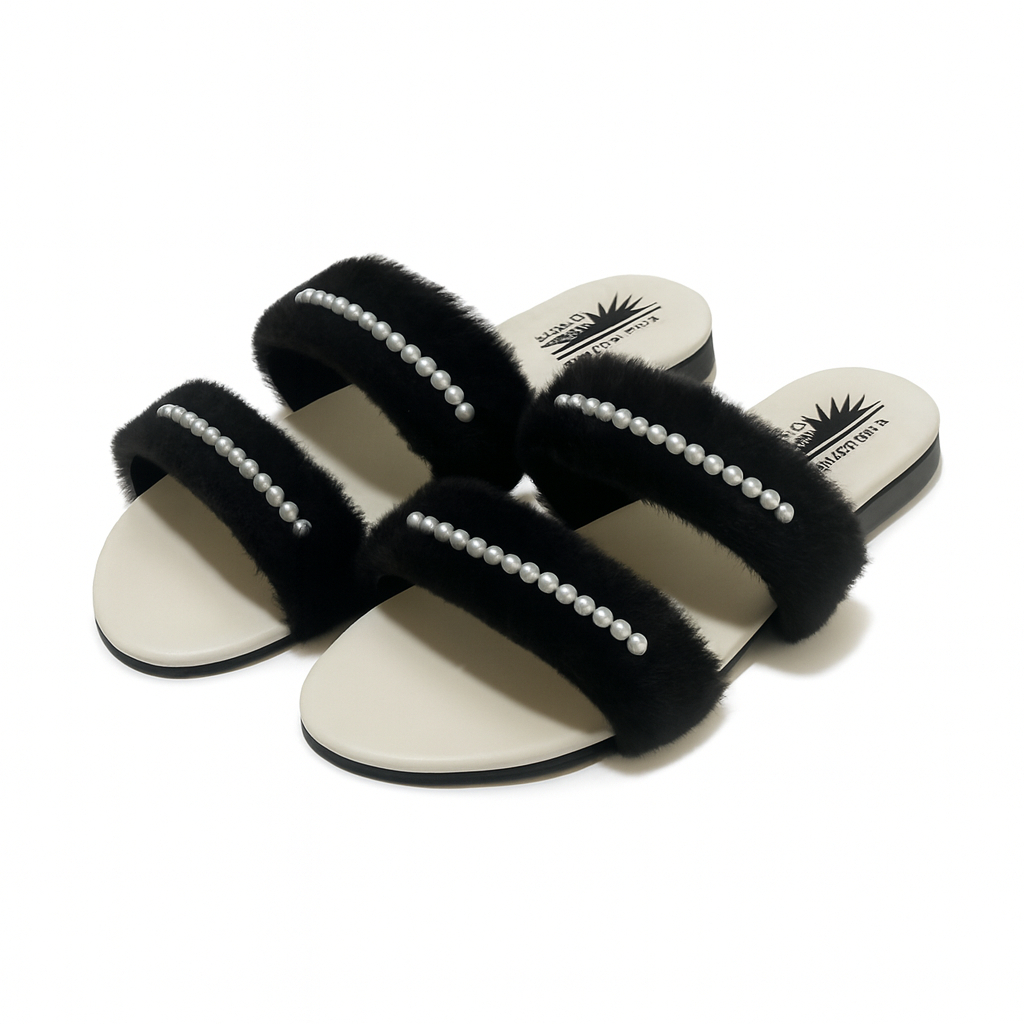 Black Fur Slide Sandals with Pearl Detail