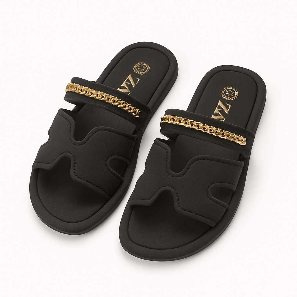 Black Padded Slide Sandals with Gold Chain Detail