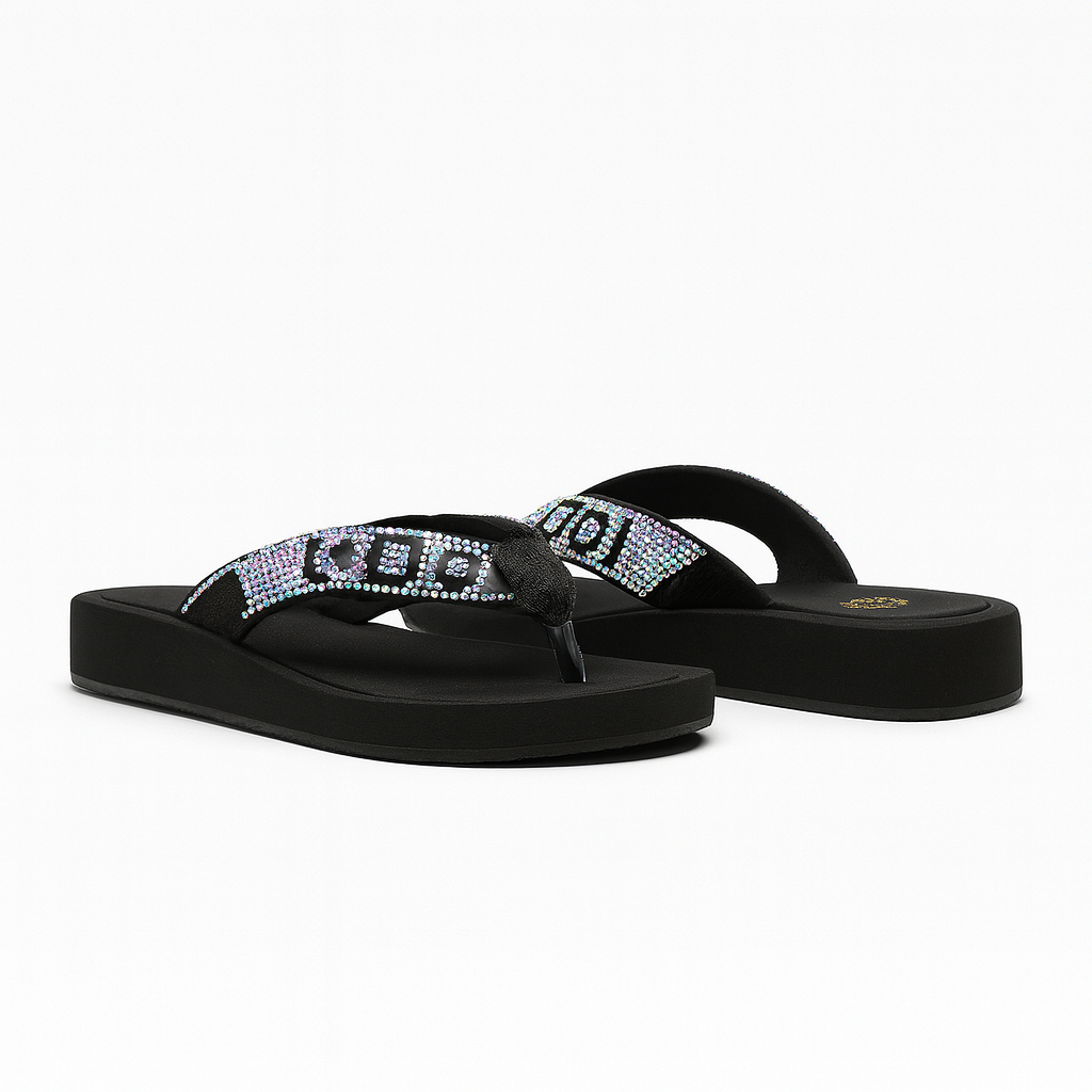 Black Rhinestone Platform Flip Flop Sandals