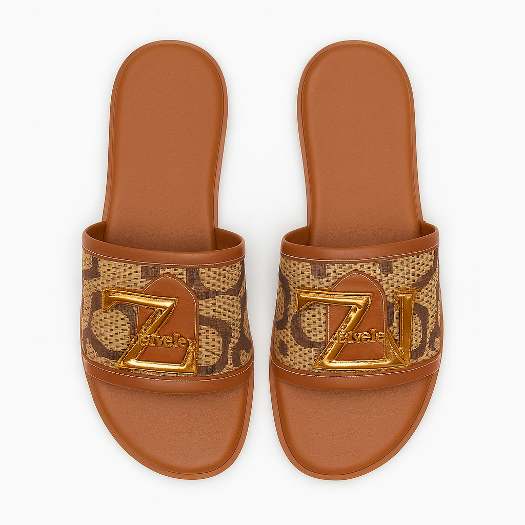 Brown Patterned Slide Sandals with Gold Letter Detail