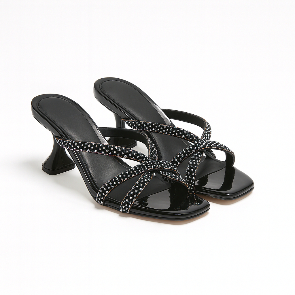 Black Rhinestone Cross Strap Sandals