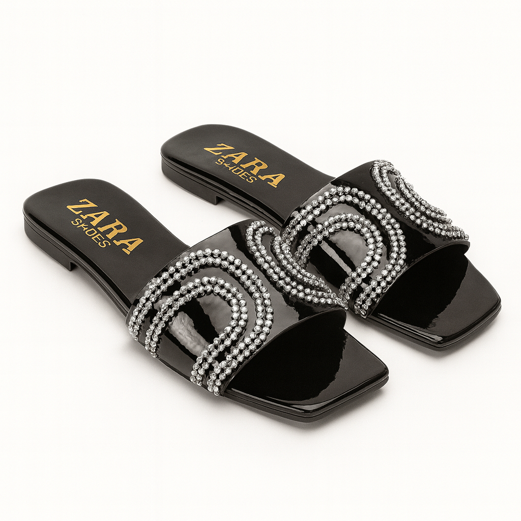 Black Glossy Slide Sandals with Silver Rhinestone Straps