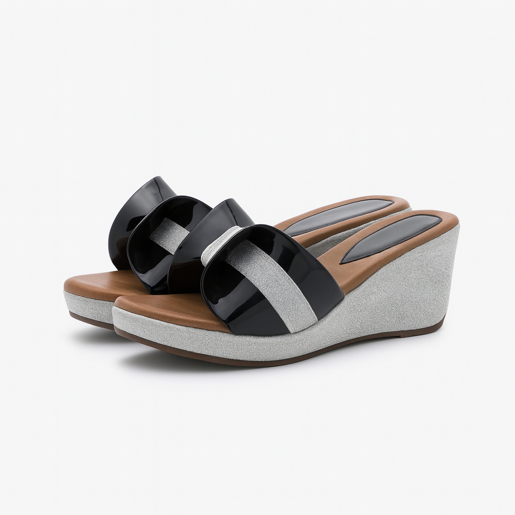 Black and Silver Bow Wedge Sandals