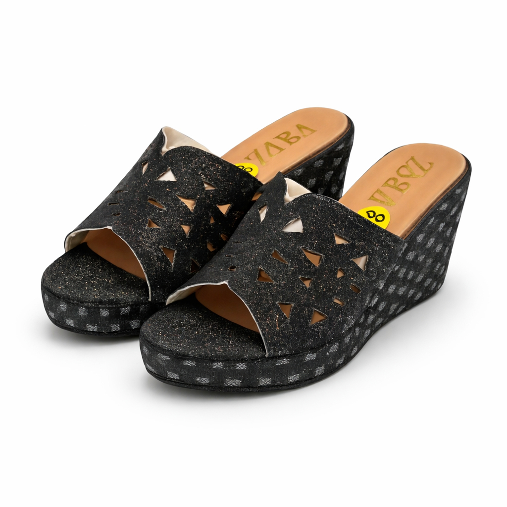 Black Glitter Wedge Sandals