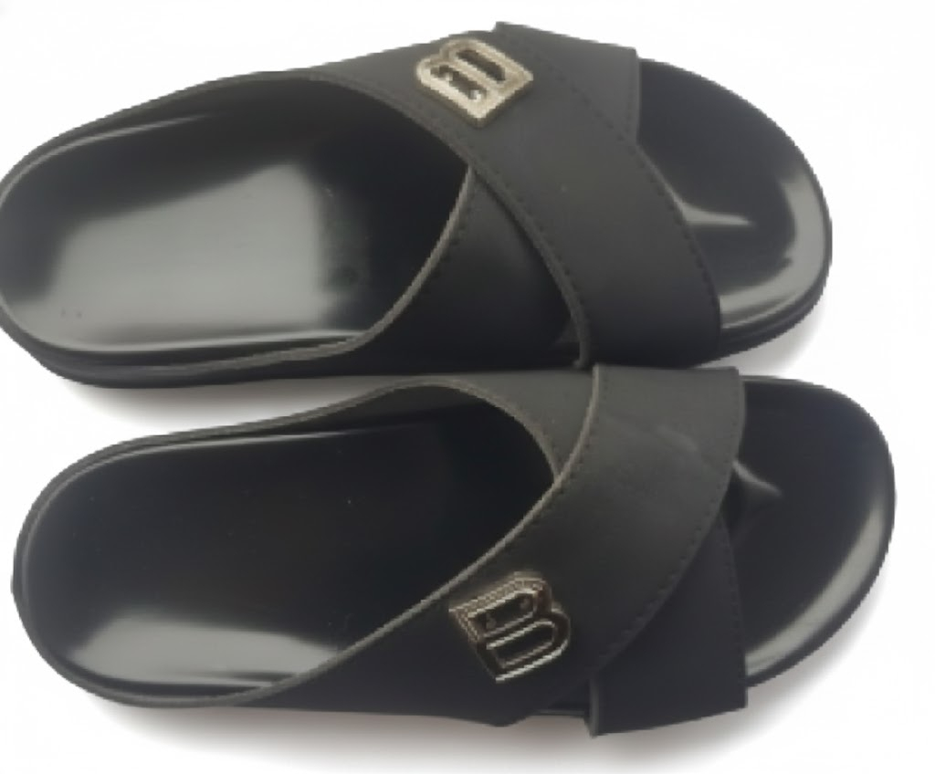 Black Slip On Sandals with Crisscross Straps and Metallic Embellishment