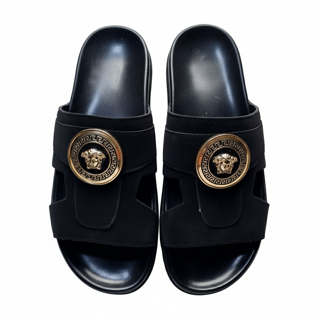 Luxury Black Slide Sandals with Gold Medusa Emblem
