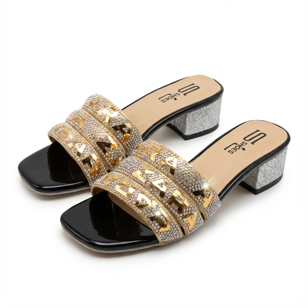 Women Stylish block heel Slip On Sandals with Rhinestone Detailing