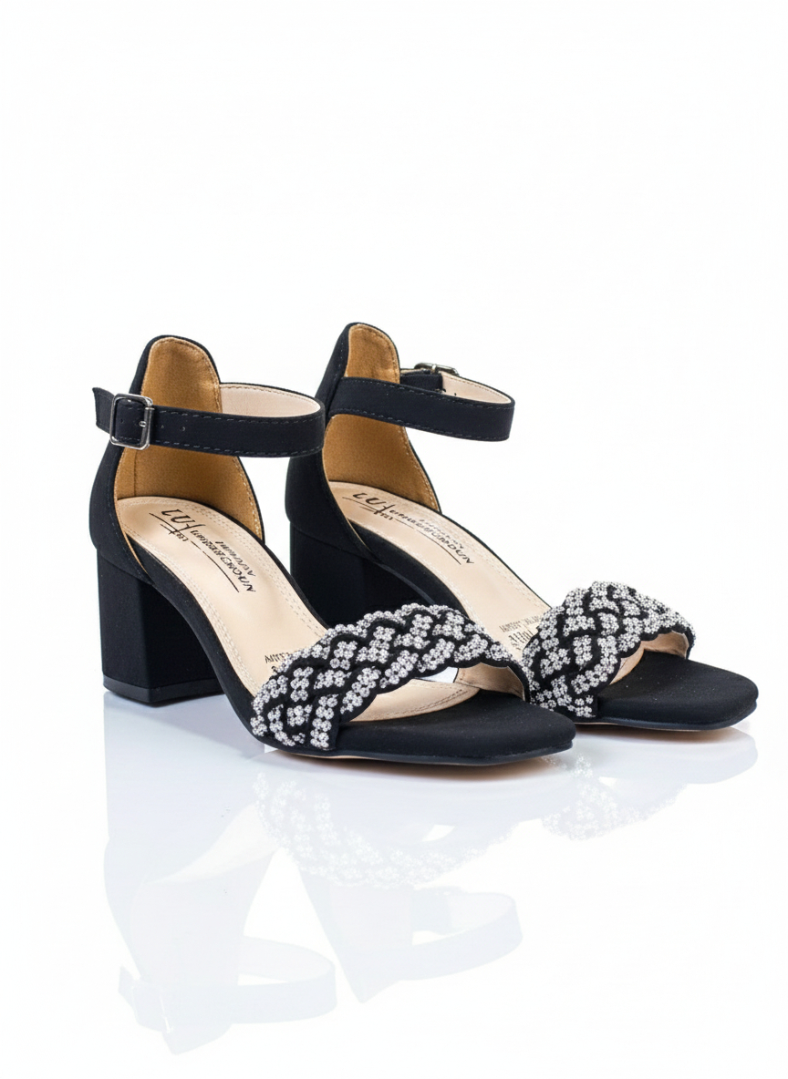 Elegant Womens Open Toe Heeled Sandals with Floral Rhinestone Embellishments