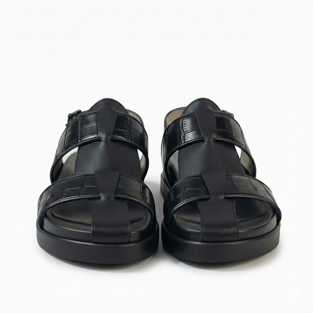 Luxury Black Leather Sandals with Crocodile Pattern with Metallic Logo