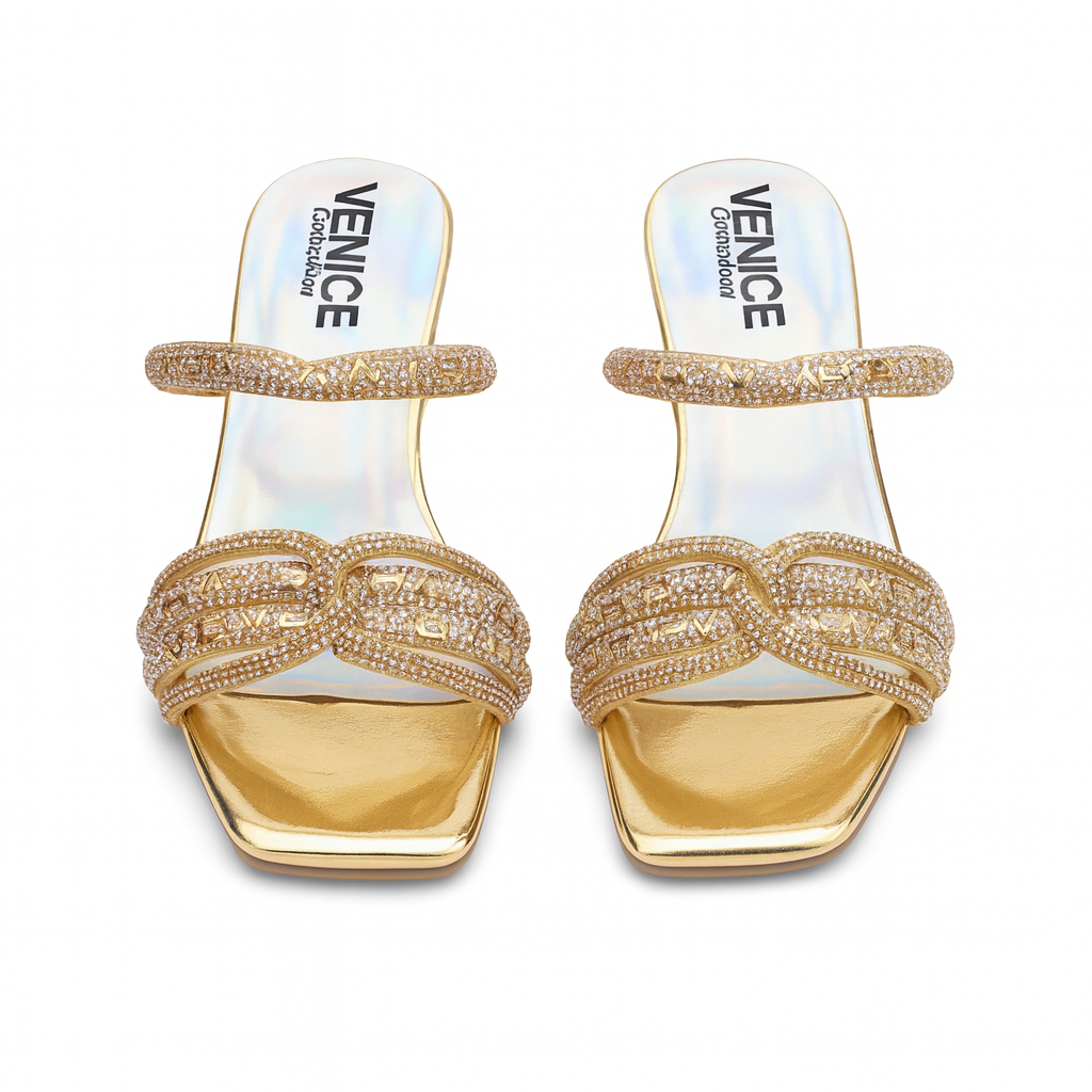 Women Gold Rhinestone Slip On Heeled Sandals