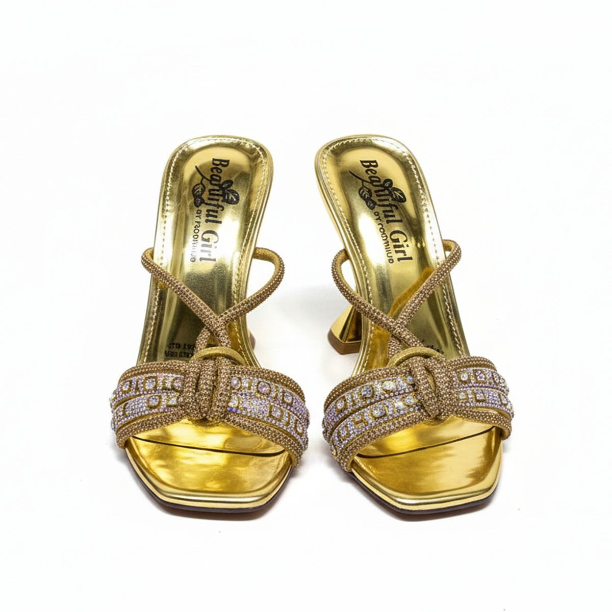 Elegant Women Gold Heel Sandals with Rhinestone Embellishments