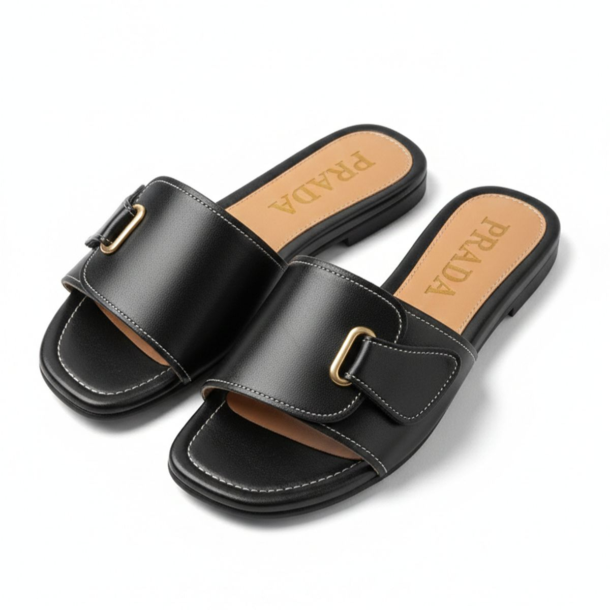 Black Slip On Sandal with Gold Buckle