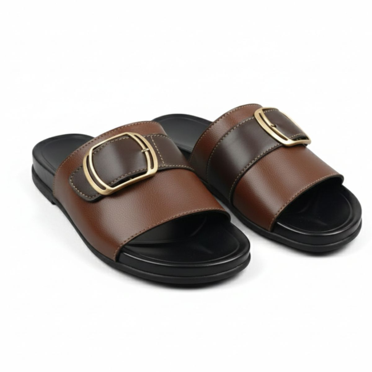 Stylish Dual Tone Leather Slide Sandals with Gold Buckles
