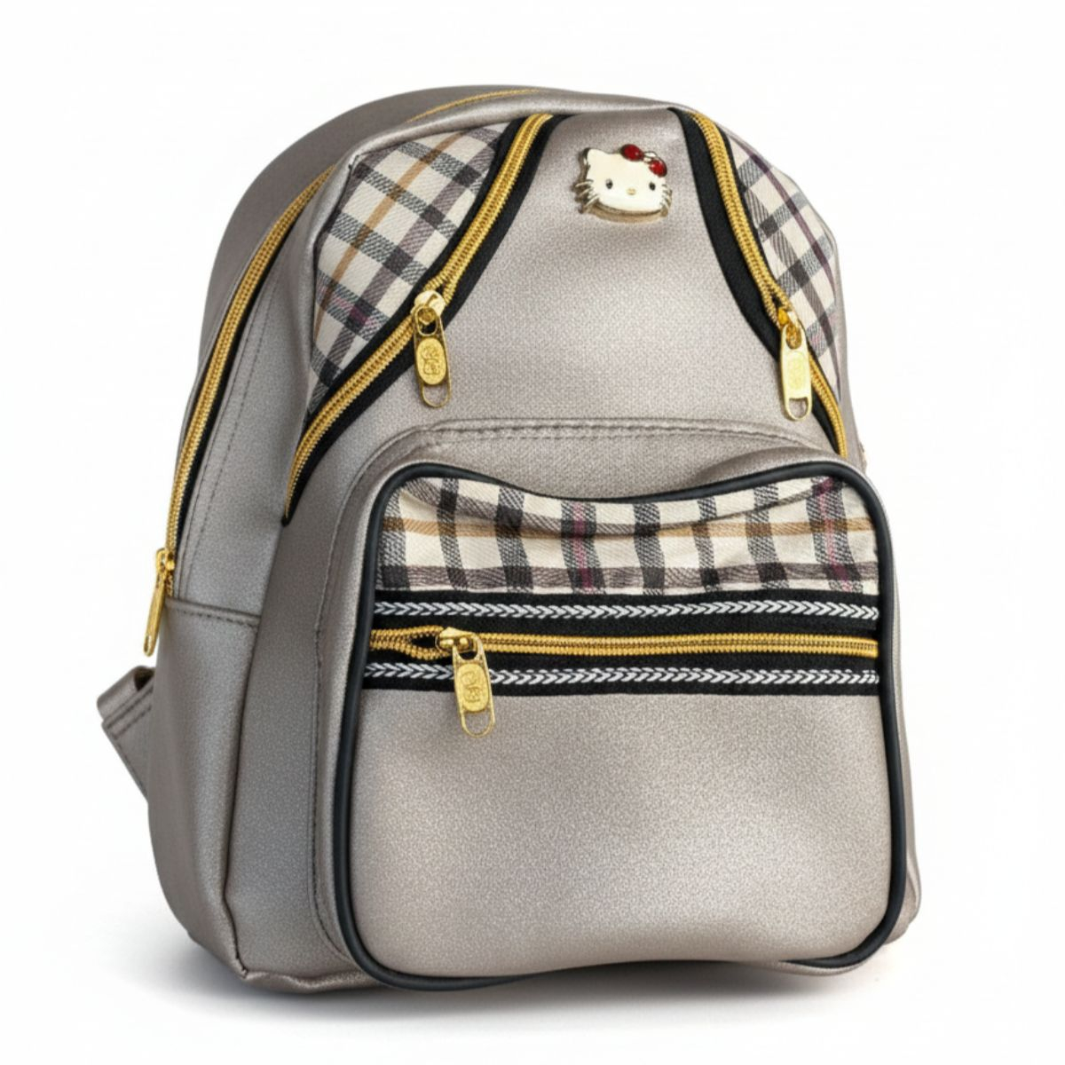 Stylish Metallic Silver Backpack with Hello Kitty Emblem