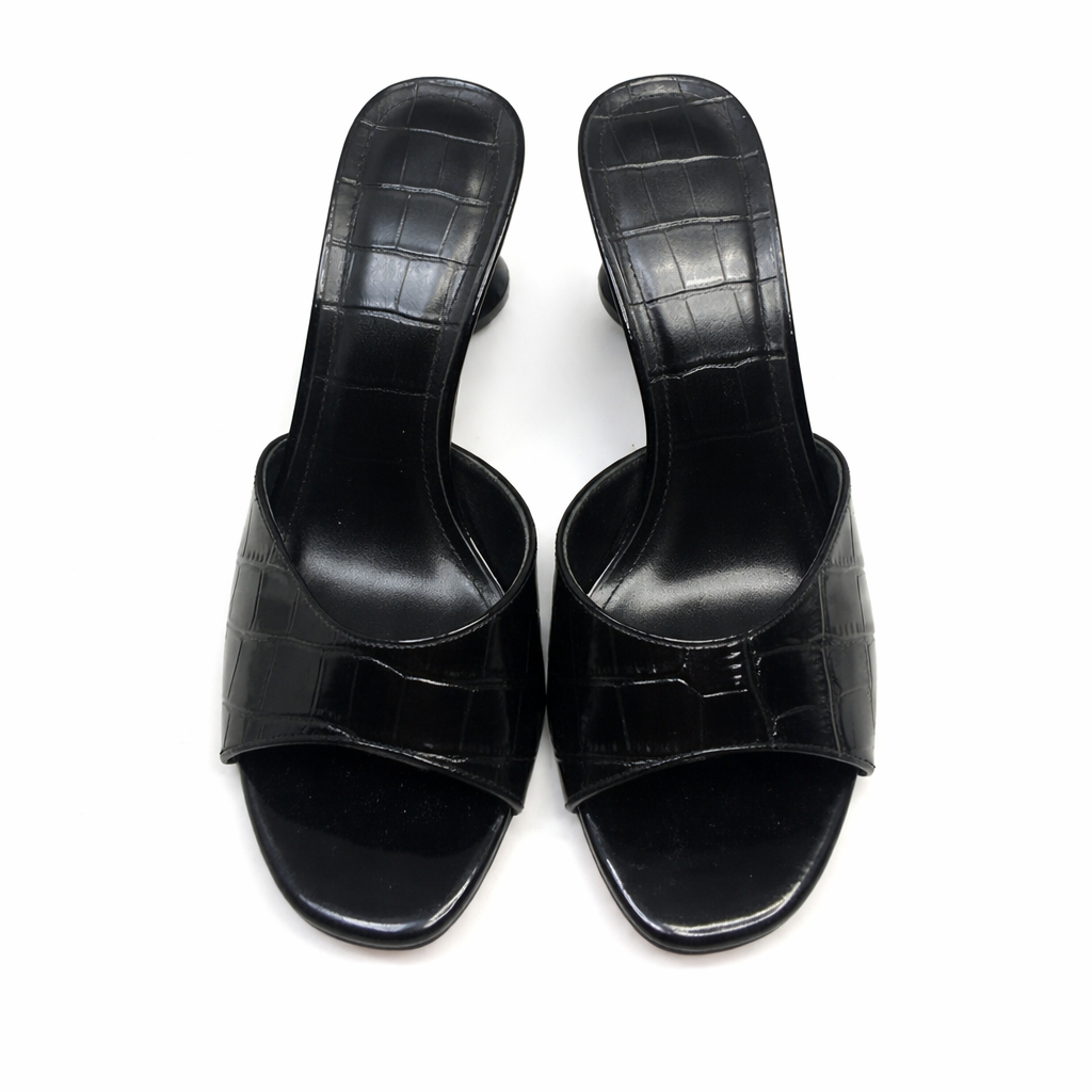 Quality Women Open Toe Mule Heels with Crocodile Embossed leather pattern