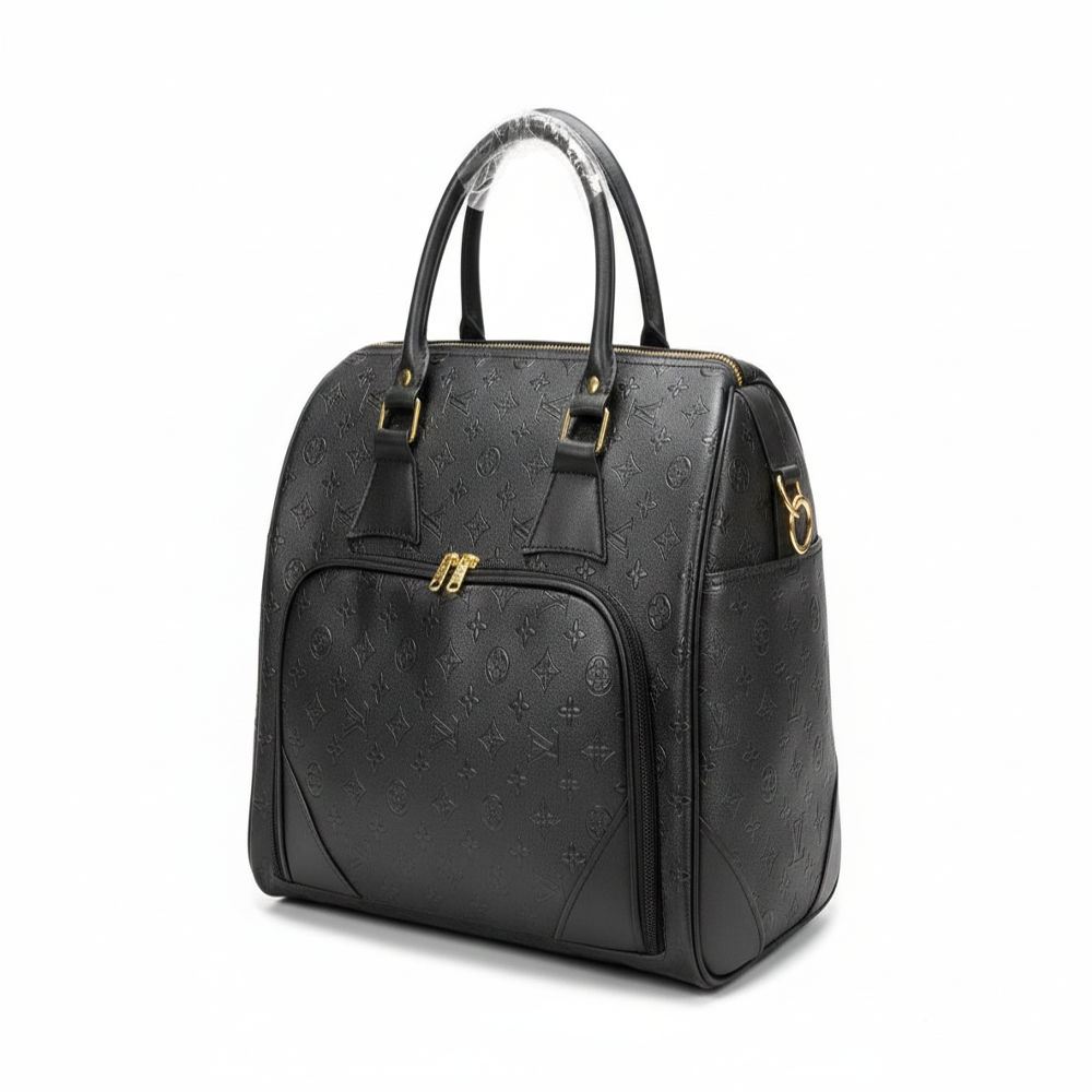 Black Leather Handbag with Bold Monogram
