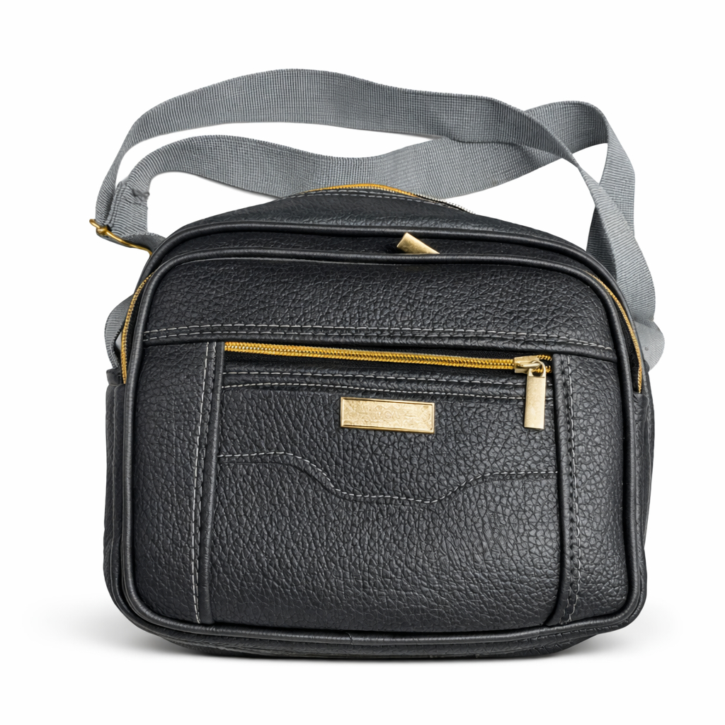 Compact Black Crossbody Shoulder Bag with Gold Accents