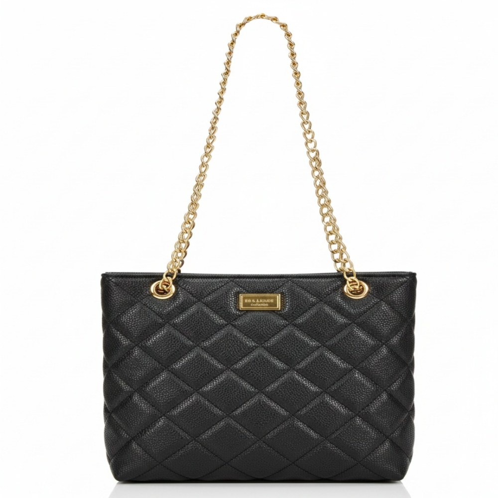 Stylish Black Quilted Handbag with Gold Tone Chain Straps