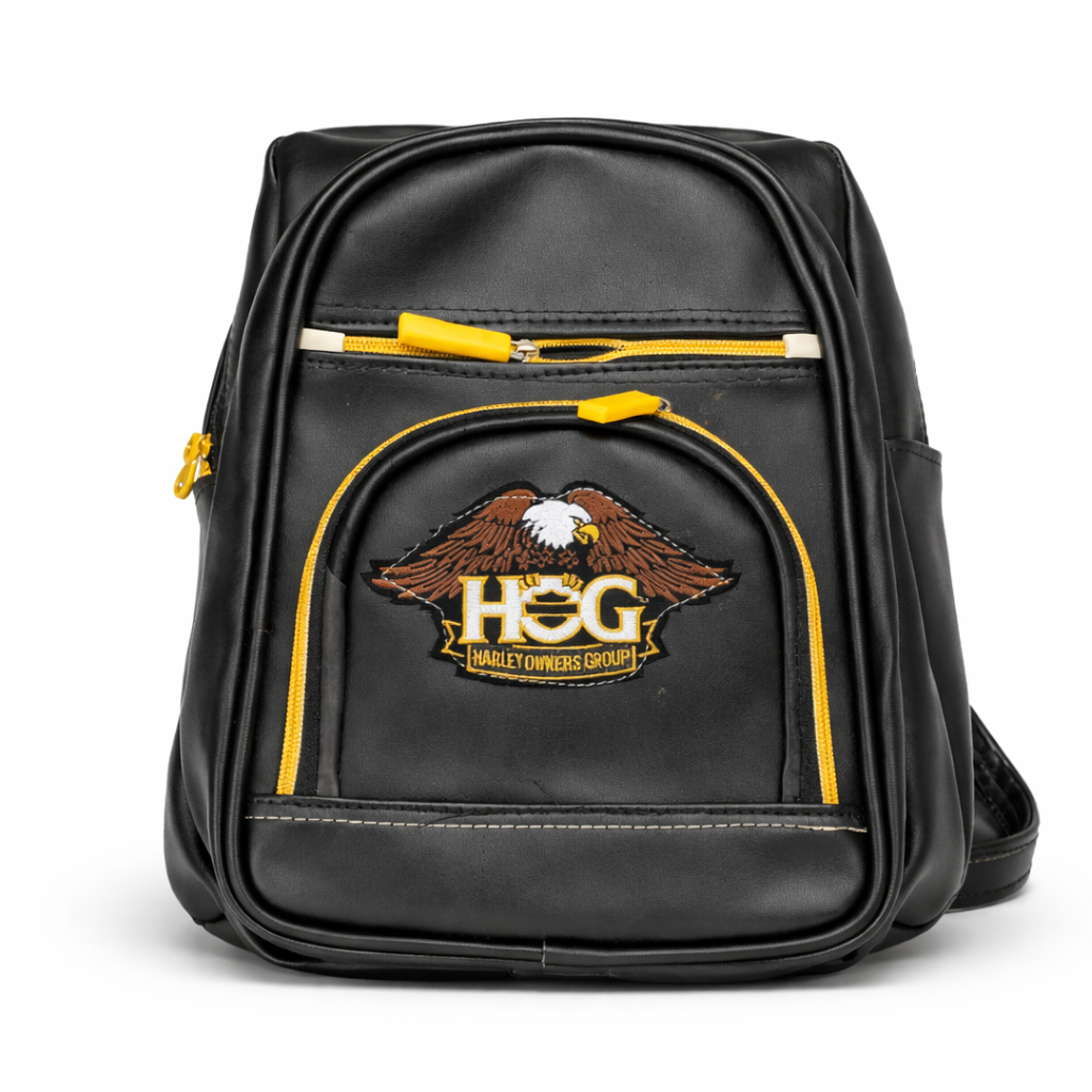 Black Leather Backpack with Embroidered Logo