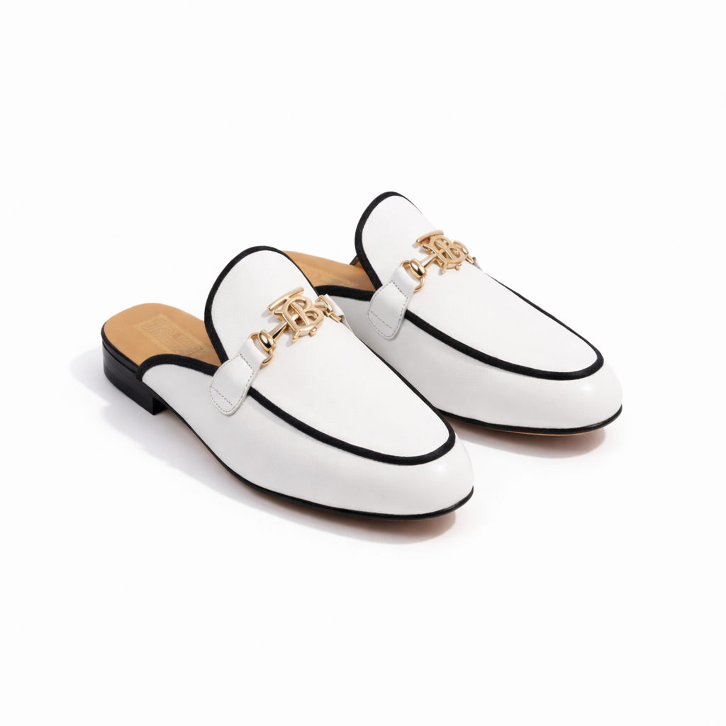 Stylish White Leather Slip On Loafer with Gold Buckle