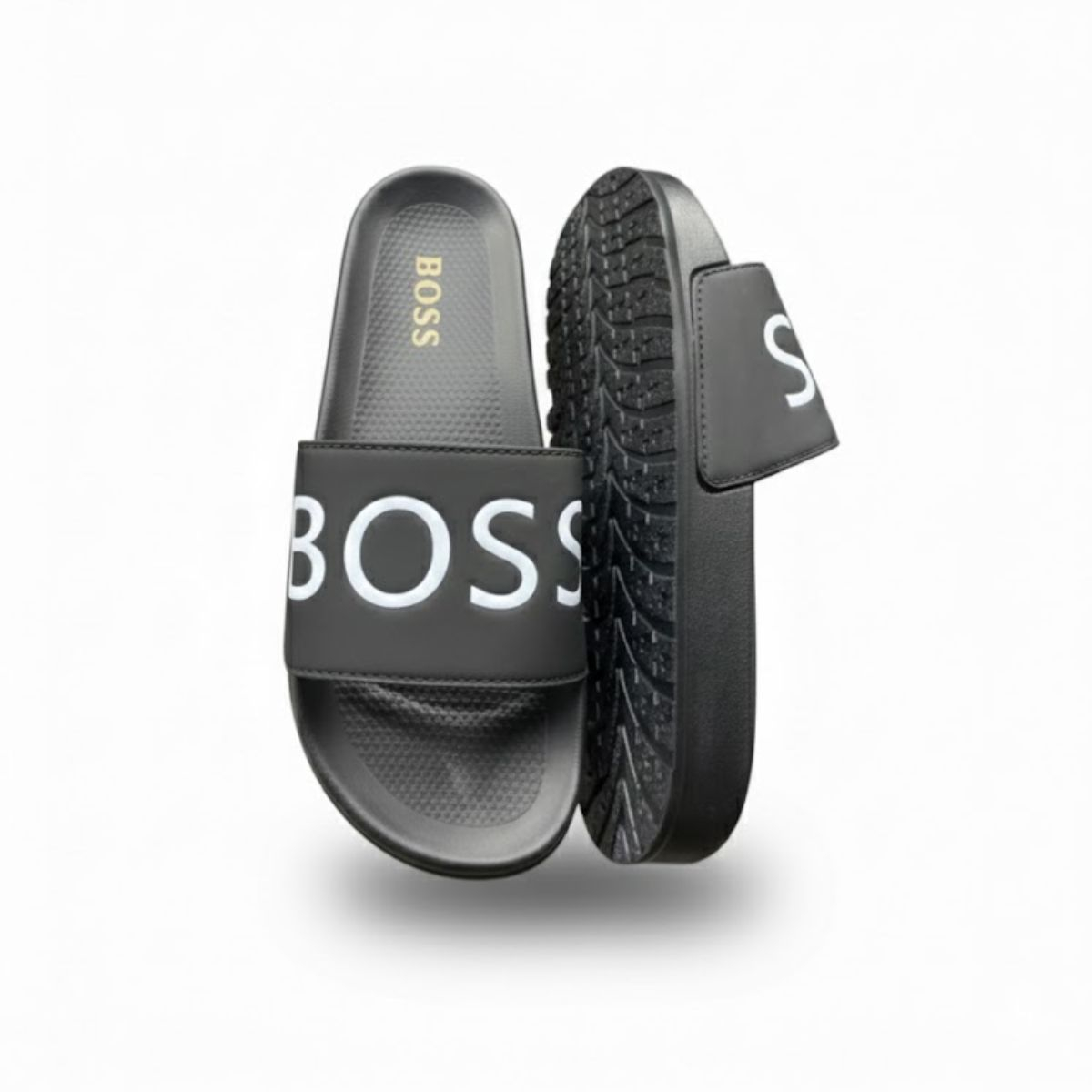 BOSS Black Slide Sandals with Bold White Branding