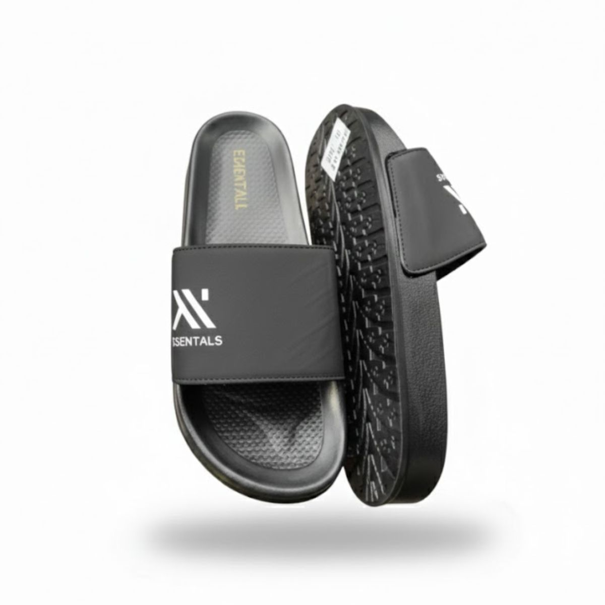 Black Slip On Sandals with Textured Strap and Contoured Footbed