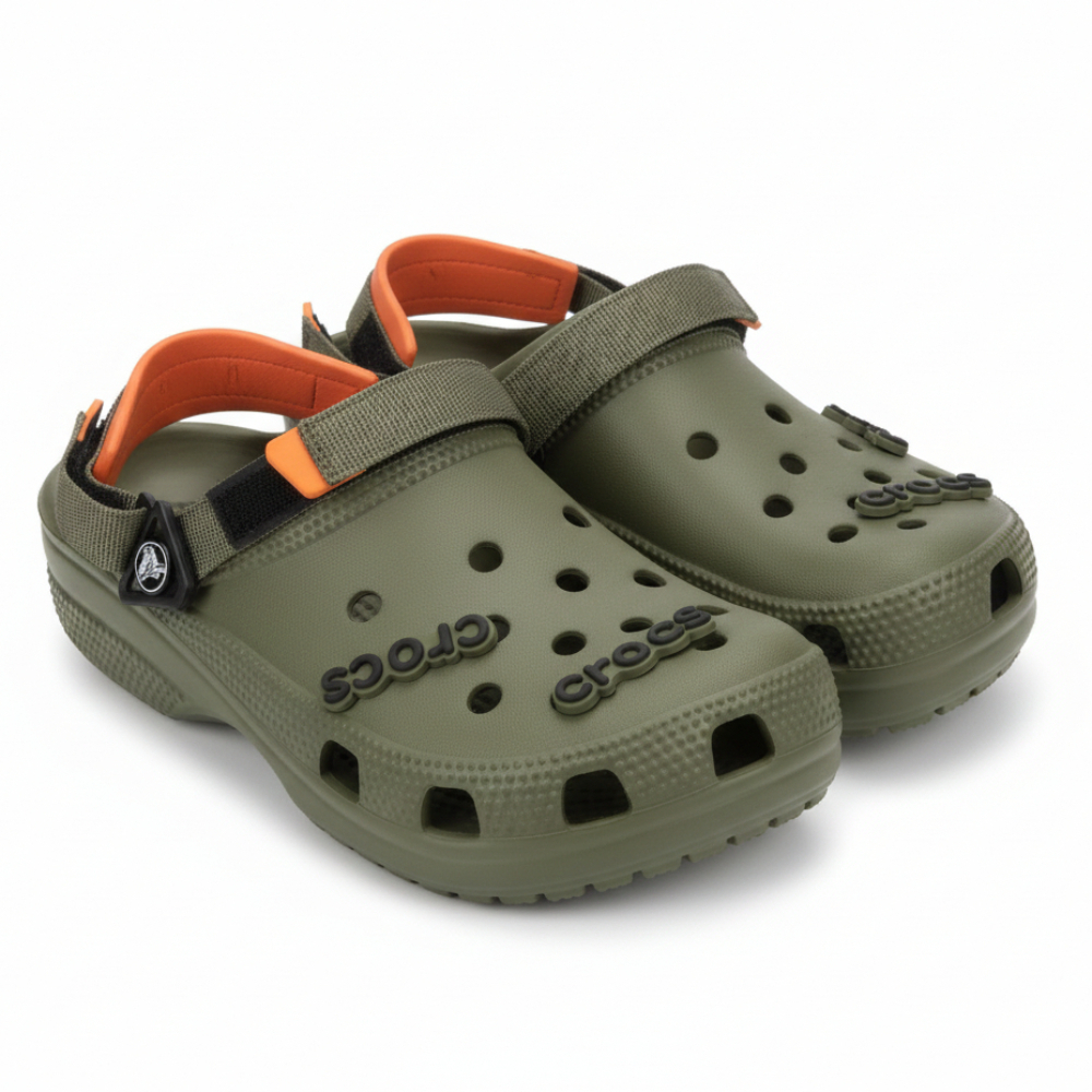 Crocs Olive Green Clogs with Orange Accents
