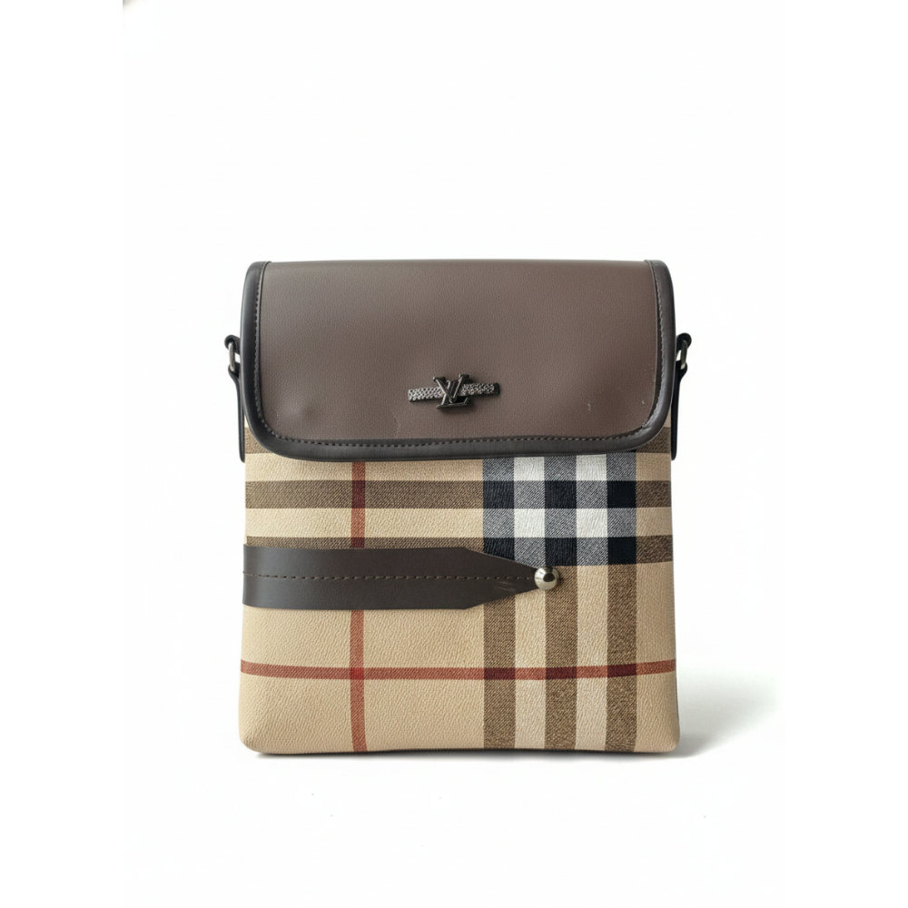 Stylish Crossbody Bag with Plaid Pattern and Brown Flap