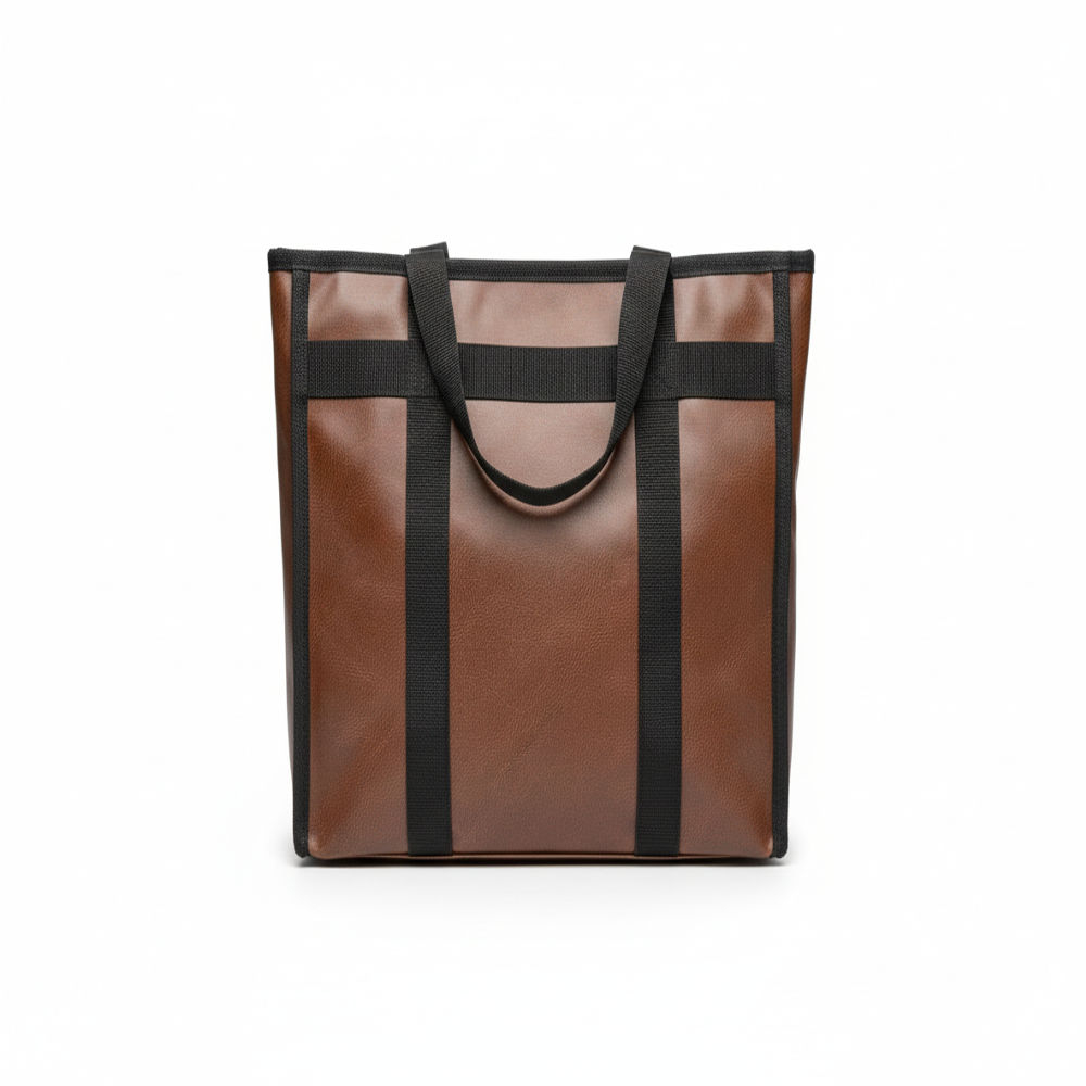 Brown Faux Leather Tote Bag with Black Fabric Handles