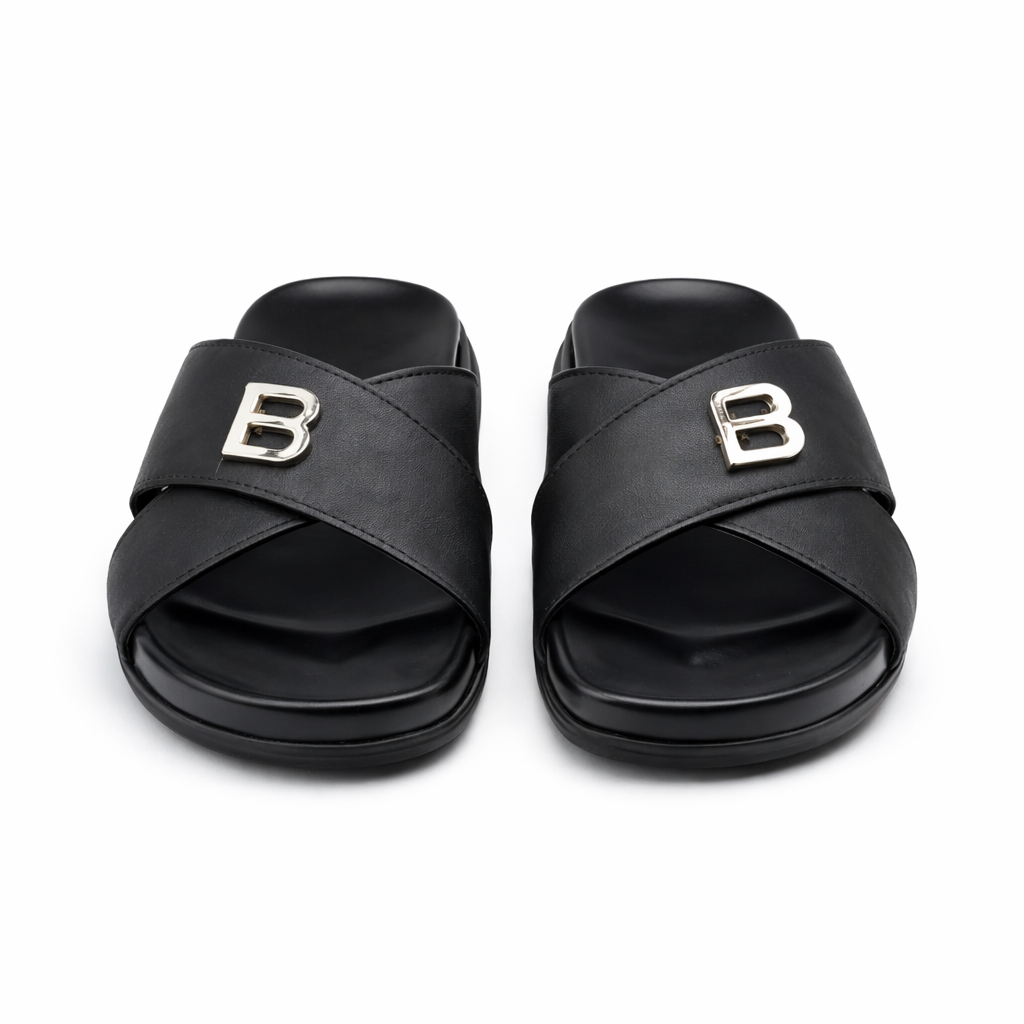 Black Slip On Sandals with Crisscross Straps and Metallic Embellishment