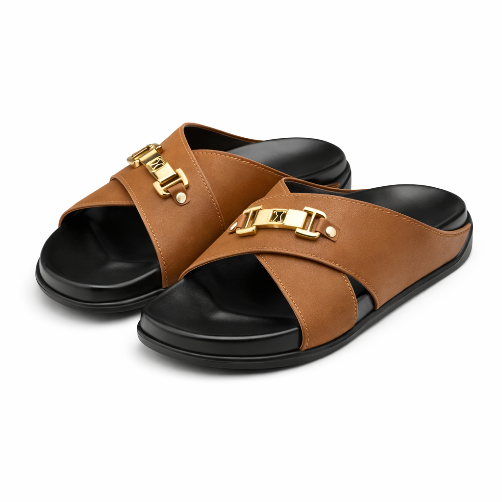 Light Brown Men Slip On Sandals with Crisscross Straps and Metallic Accents