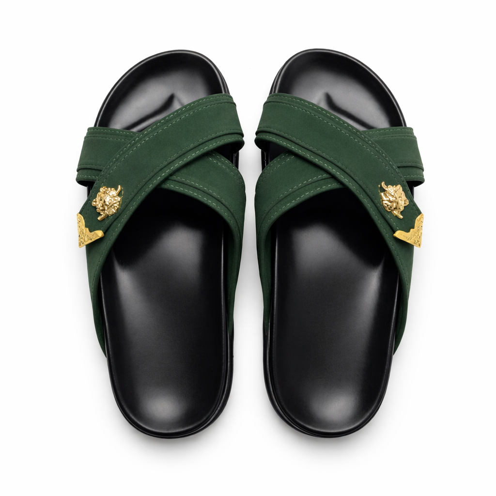 Stylish Green Slip On Sandals with Crisscross Straps and Gold Lion Embellishment
