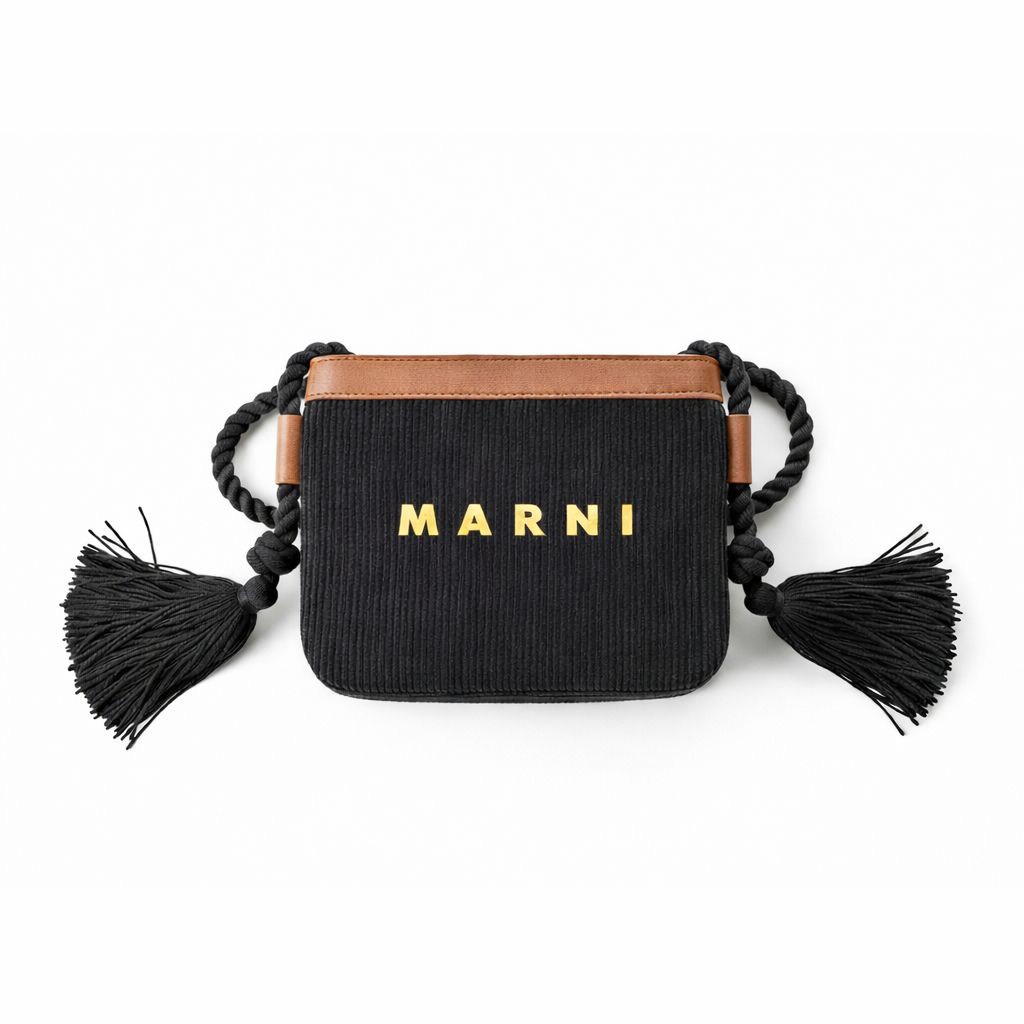 Black Ribbed Fabric Bag with Brown Leather Accents and Rope Strap