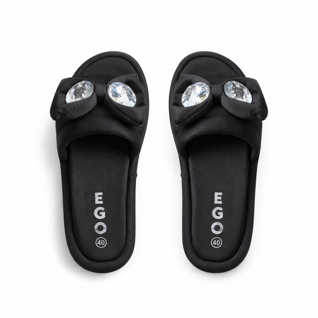Premium Black Slip On Sandal with Decorative Bow and Crystal Embellishments