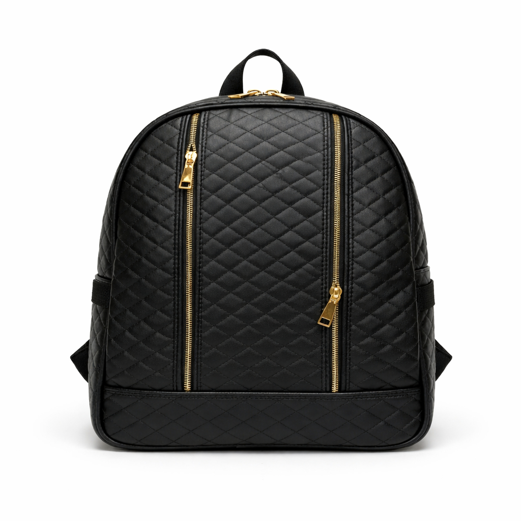 Stylish Black Quilted Backpack with Gold Tone Zippers