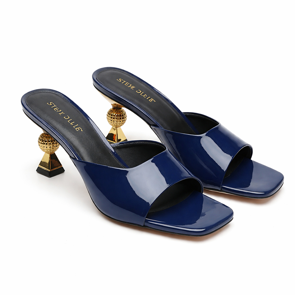 Women Navy Blue Patent Leather Heeled Mules with Gold Toned Block Heel