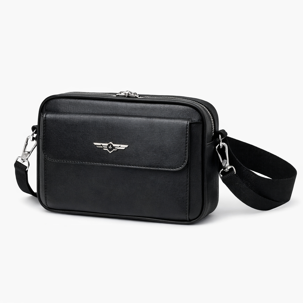 Compact Black Leather Crossbody Bag with Adjustable Strap