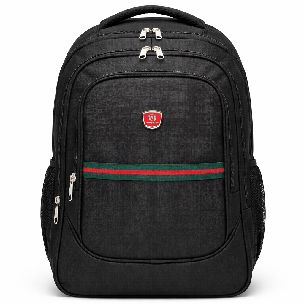 Quality Black Backpack with Red and Green Stripe
