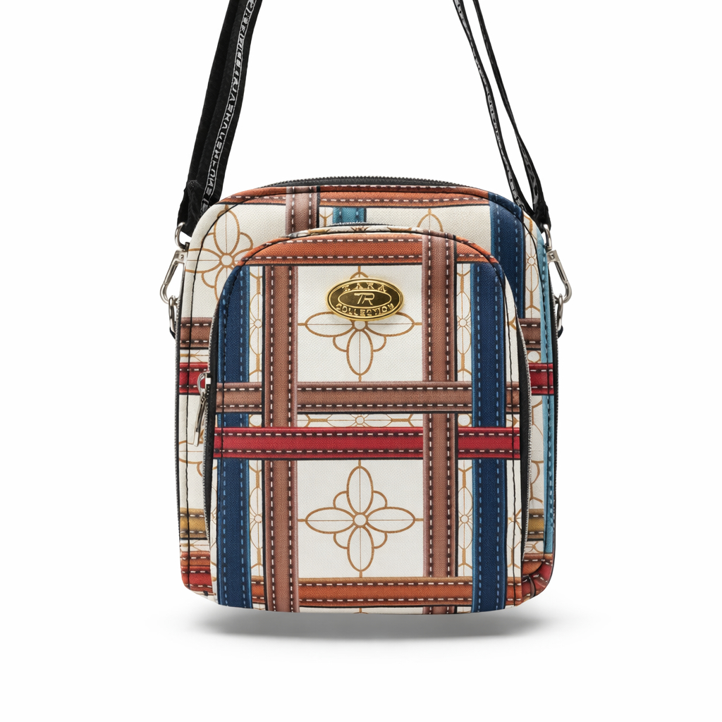 Compact Crossbody Bag with Multicolored Pattern and Gold Tone Emblem