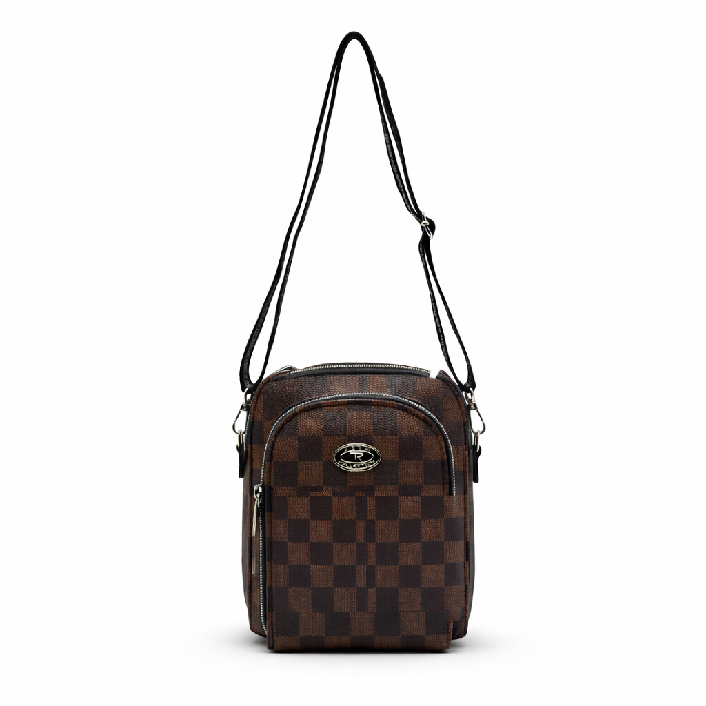 Compact brown Checkered Crossbody Bag with Adjustable Strap