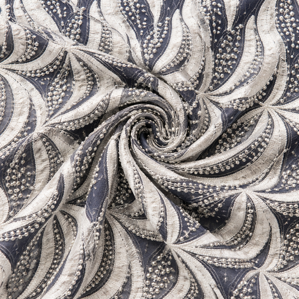 Luxury silver and navy embroidered and beaded lace fabric