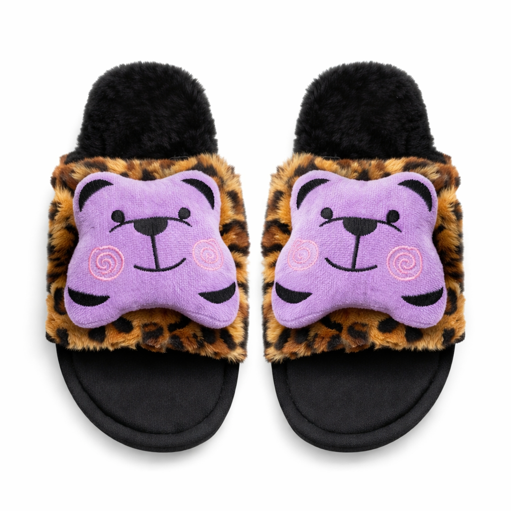 Casual Plush Slippers with Purple Character and Tiger Print Design