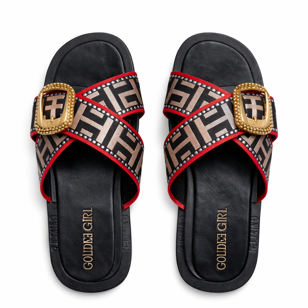 Quality Women Patterned Slip On Sandals with Gold Buckle