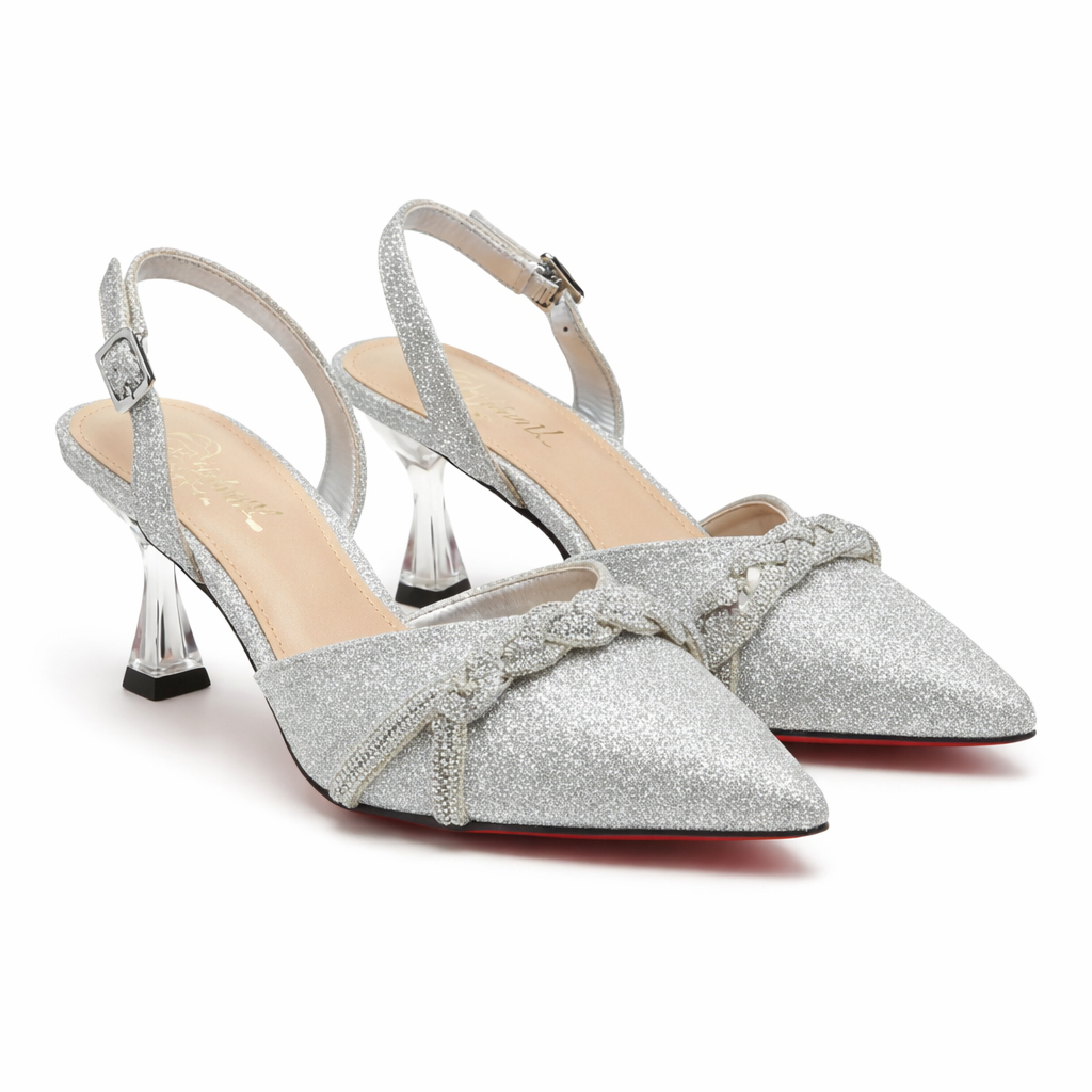 Women Silver Slingback Pump with Transparent Heel and Bow Detail