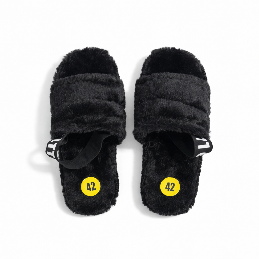 Cozy Black Fluffy Slippers with Open Toe Design and Elastic Strap