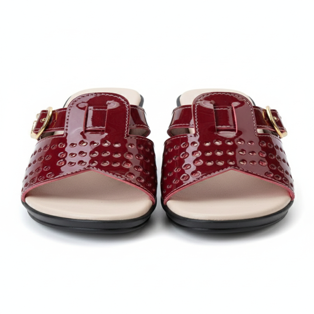 Women Wedge Slide Sandals with Perforated Strap and Buckle Detail