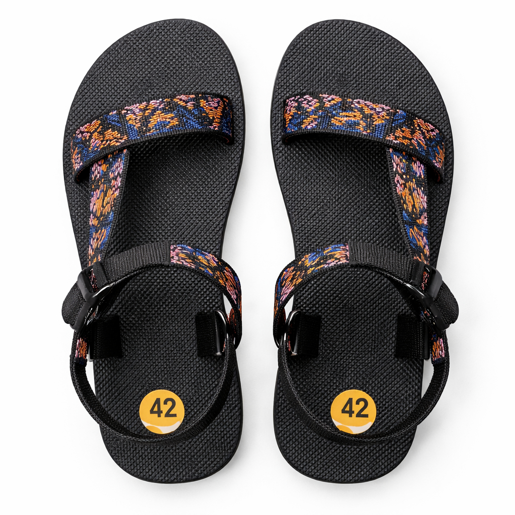 Patterned Strap Flat Sandals with Adjustable Buckle